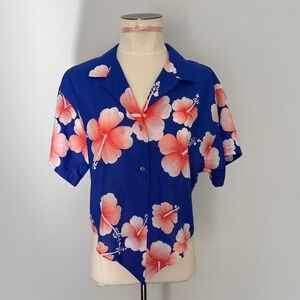 Hilo Hattie Tie Front Blue Floral Hawaiian Shirt